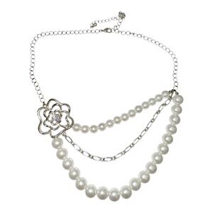 Silvertone & Faux Pearl Triple Strand Floral Necklace